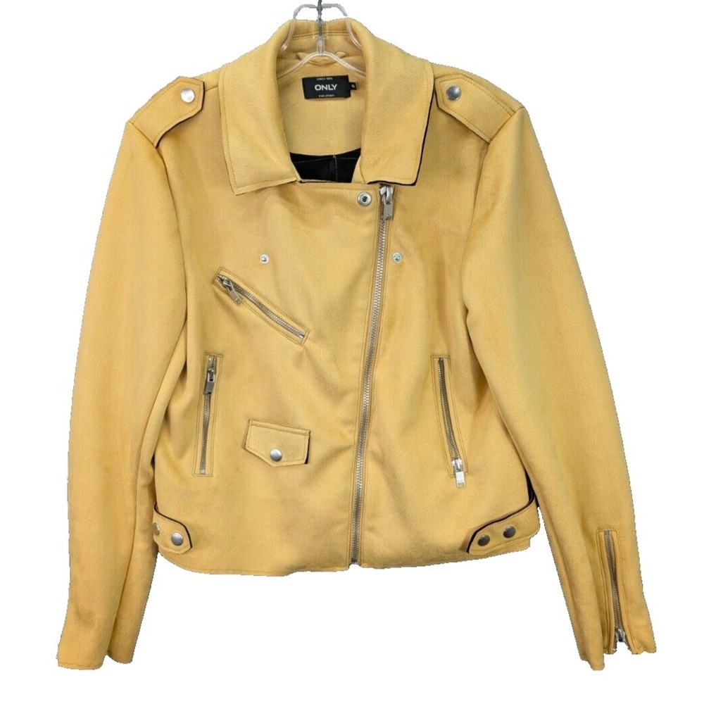 Only Our Story Faux Suede Jacket Womens 40 Bonded Bikers Moto Zip Pockets Yellow
